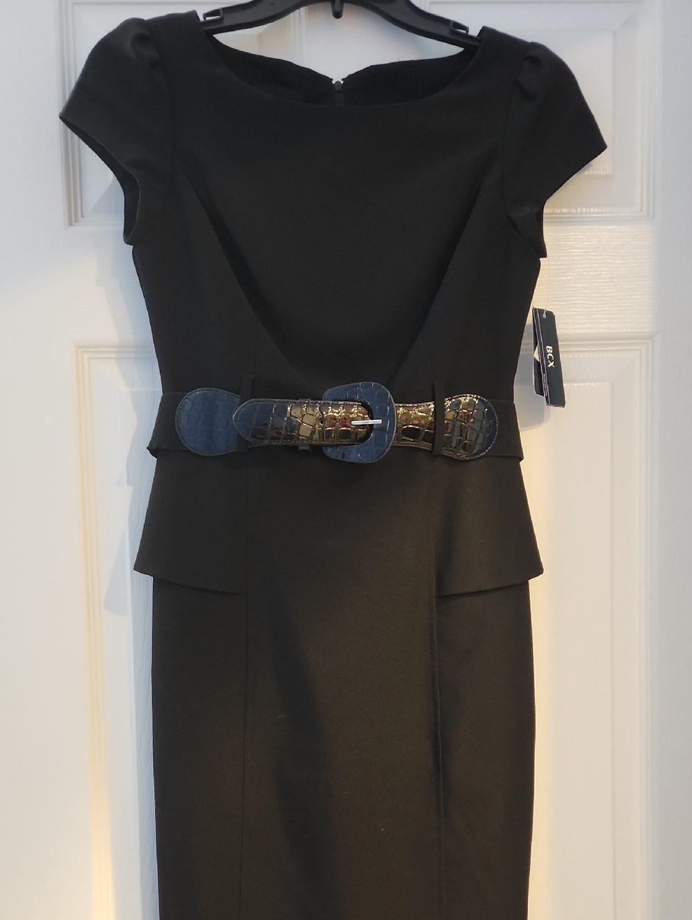 BCX Black Sheath Dress with Croc-Embossed Belt